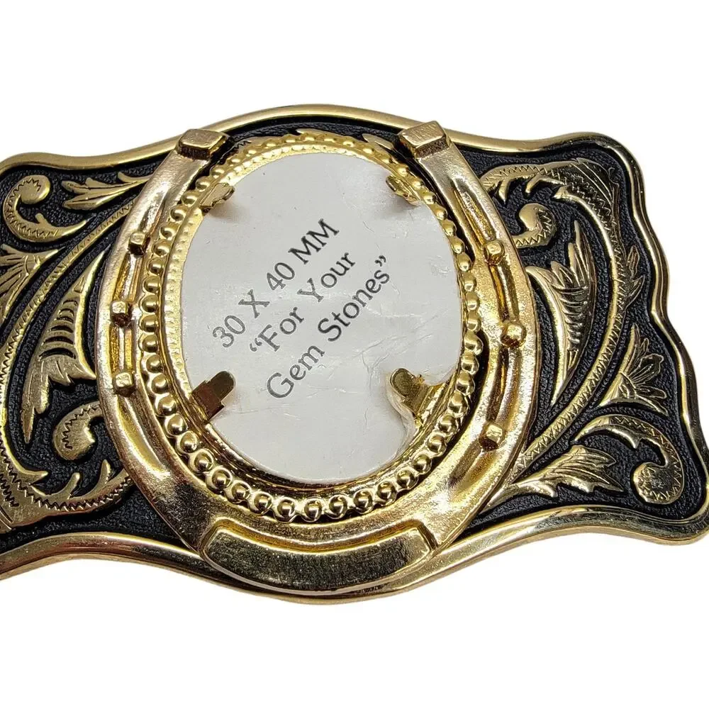 Western Horseshoe Belt Buckle Blank Floral Gold Black For 30x40mm Gemstone